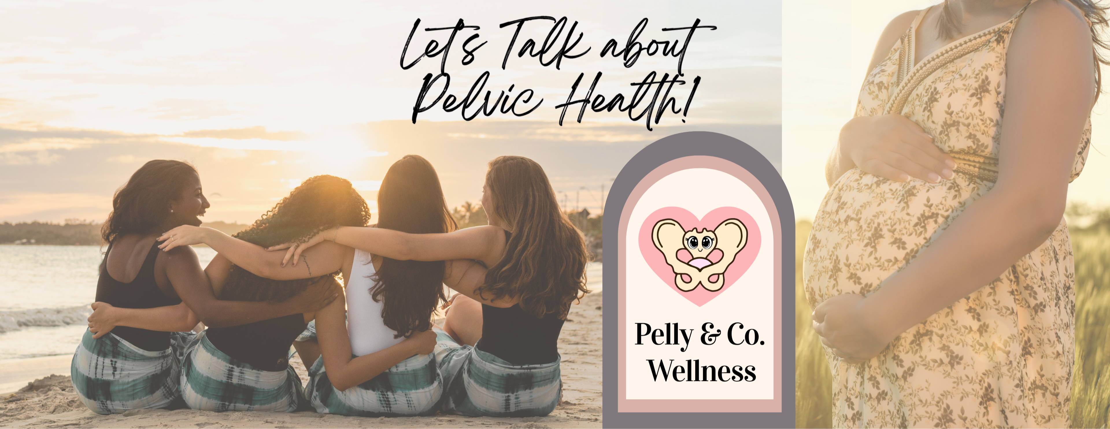 Promotional banner for Pelly & Co. Wellness with a group of women sitting together and a pregnant woman, with text about pelvic health.
